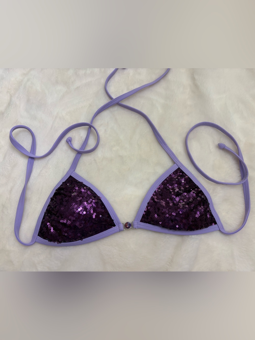 Purple Sequin Bikini Top Lavender Trim Y2K Mermaid Festival Swim strawberry milk